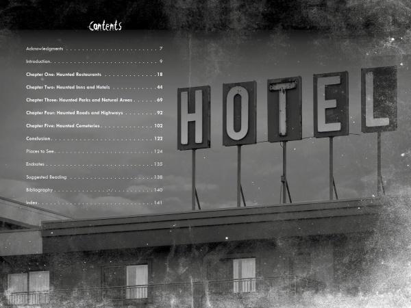 The table of contents for Kentucky Haunts (Schiffer Publishing, Ltd.) features a black-and-white photo of a building with a HOTEL sign and lists chapters on haunted inns, motels, parks, roads, and cemeteries across Kentucky.