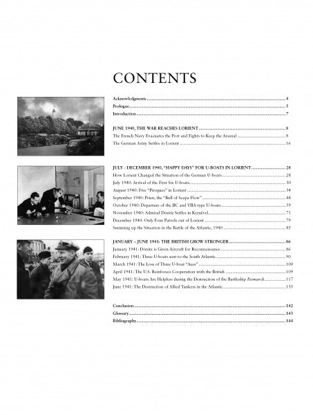 Table of contents page from "The German U-Boat Base at Lorient, France, Vol.1" by Schiffer Publishing, Ltd., featuring 3 black-and-white photos (including U-boats at Lorient) and a list of WWII section titles with page numbers.