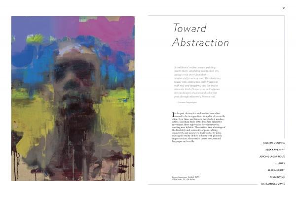 On the left, a colorful abstract portrait evokes Disrupted Realism. On the right, the product name appears above text in a minimalist magazine layout. Published by Schiffer Publishing, Ltd.