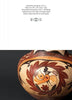 A round ceramic pot features bird and floral motifs in red, black, and tan on a dark background (image upside down, text "SENES" at top). Birds in the Barnes Foundation by Schiffer Publishing, Ltd.—great inspiration for art notecards.