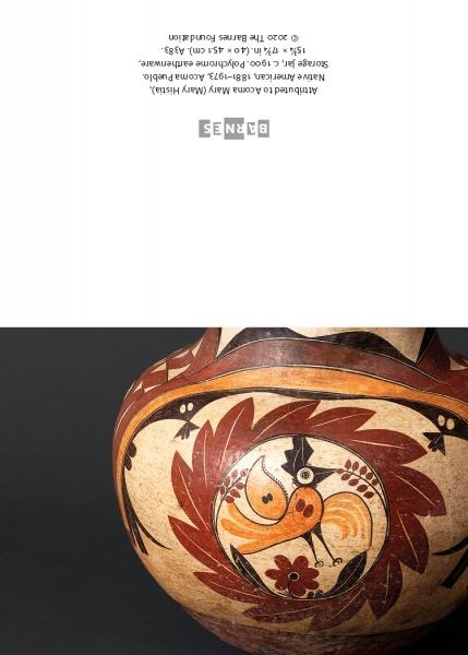 A round ceramic pot features bird and floral motifs in red, black, and tan on a dark background (image upside down, text "SENES" at top). Birds in the Barnes Foundation by Schiffer Publishing, Ltd.—great inspiration for art notecards.