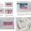 Welcome to Weaving by Schiffer Publishing, Ltd. is a step-by-step guide with photos of hands weaving pink and purple chunky yarn on a loom, beginner-friendly text instructions, and a close-up of white roving wool—all set on a clean white background.