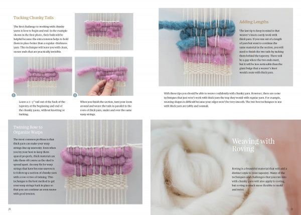 Welcome to Weaving by Schiffer Publishing, Ltd. is a step-by-step guide with photos of hands weaving pink and purple chunky yarn on a loom, beginner-friendly text instructions, and a close-up of white roving wool—all set on a clean white background.
