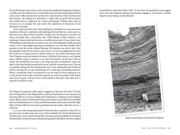 Two pages from "Disembodied Voices" by Schiffer Publishing, Ltd.; the left page shares true nature and geology stories, while the right shows a black-and-white photo of someone by Devil’s Punchbowl’s stratified rock cliffs.