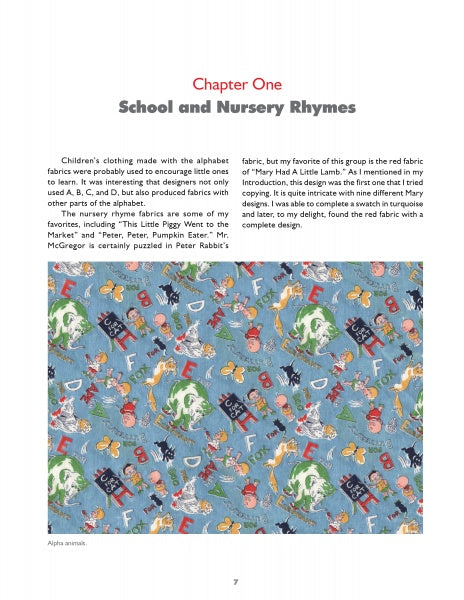 A page from Schiffer Publishing, Ltd.'s Vintage Children's Fabrics book showcases children's clothing made from vintage fabrics and a blue sample patterned with animals, letters, and Peter Rabbit.