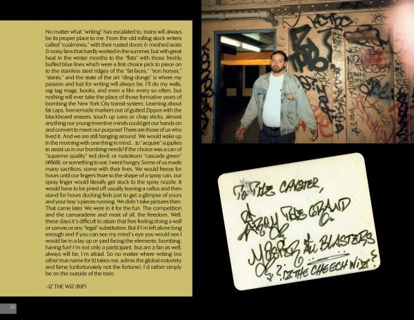 In "From the Platform: Subway Graffiti, 1983-1989" by Schiffer Publishing, Ltd., one spread pairs graffiti culture text on the left with a photo of a man before graffiti walls and a close-up of a signed NYC subway graffiti-style note on the right.