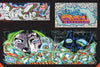 KOLORSTORM by Schiffer Publishing, Ltd. showcases a collage of graffiti art—abstract shapes and a hand, a 3D blue and pink piece, plus two stylized faces with vibrant NYC-inspired lettering—all bursting with color.