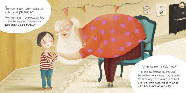 An illustration from "The Magic in a Smile" by Schiffer Publishing, Ltd. shows an elderly person in a pink polka-dot dress bending to talk to a smiling child, as speech bubbles about emotions appear in their cozy, warmly lit room.