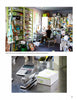 Top: Someone researches artist biographies at a colorful, supply-filled desk. Bottom: Close-up of artists’ stationery—a stapler, calculator, and “delphine” box—featured in "Today's Top Stationery Artists 2" by Schiffer Publishing, Ltd.