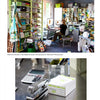 Top: Someone researches artist biographies at a colorful, supply-filled desk. Bottom: Close-up of artists’ stationery—a stapler, calculator, and “delphine” box—featured in "Today's Top Stationery Artists 2" by Schiffer Publishing, Ltd.
