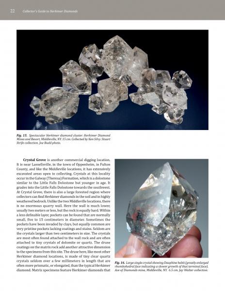 The Collector’s Guide to Herkimer Diamonds by Schiffer Publishing, Ltd. features clusters of clear, faceted Herkimer diamonds displayed above a large quartz crystal—ideal for mineral collectors.