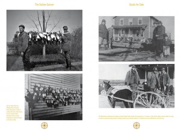 A vintage photo collage from "The Outlaw Gunner" by Schiffer Publishing, Ltd. showcases Chesapeake Bay hunting history: hunters with ducks, gathering before a house, and men beside a horse-drawn cart—all in classic black and white.