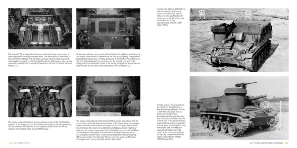 M24 Chaffee, Vol. 2 from Schiffer Publishing, Ltd. features black-and-white photos of World War II vehicles, including close-ups of engines and rear views, with descriptive captions and text on each page.