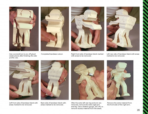A step-by-step photo guide from Schiffer Publishing, Ltd.'s Carving an 1880s Western Train shows hands carving a wooden figure with tools, highlighting the process of shaping a bandsaw-cut blank from various angles.