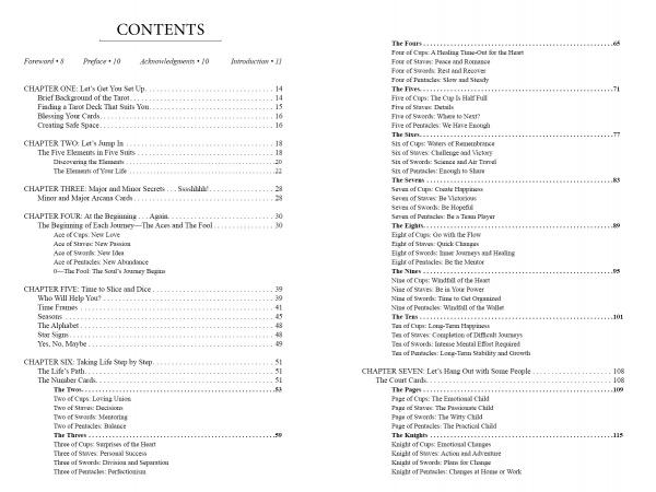 The table of contents for "A Course in Tarot" by Schiffer Publishing, Ltd. organizes chapters on success, money, personal growth, habits, life strategies, and practical Tarot learning, each with detailed sections and page numbers.