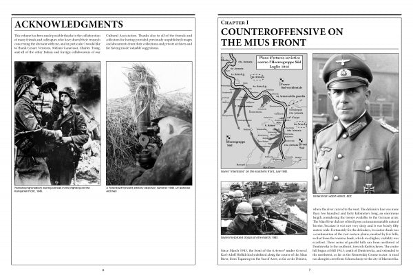 A two-page spread from "The 3rd Waffen-SS Panzer Division Totenkopf, 1943-1945" by Schiffer Publishing, Ltd. features WWII photos, a Mius Front map, a German officer’s portrait, acknowledgments, and a chapter introduction on WWII battles.