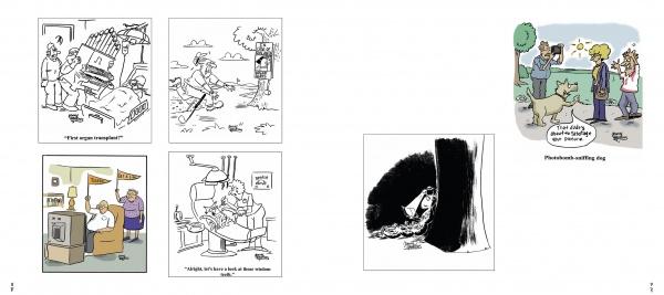 “Mirth in the Morning...and All Laughternoon” by Schiffer Publishing, Ltd. features five classic Jonny Hawkins single-panel cartoons: an organ stuck in a doorway, a mini lawn mowing, people watching TV, a dentist, and playful dogs.