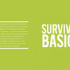 A green page features bold white text “The Global Outdoor Survival Guide” by Schiffer Publishing, Ltd. on the right, and a textbox on the left with tips for outdoor survival and improvising in emergencies.