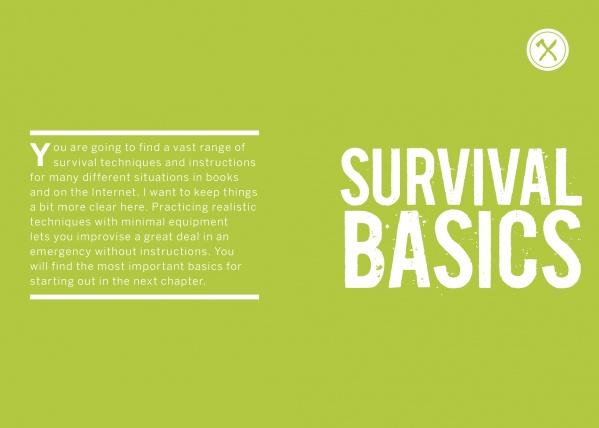 A green page features bold white text “The Global Outdoor Survival Guide” by Schiffer Publishing, Ltd. on the right, and a textbox on the left with tips for outdoor survival and improvising in emergencies.