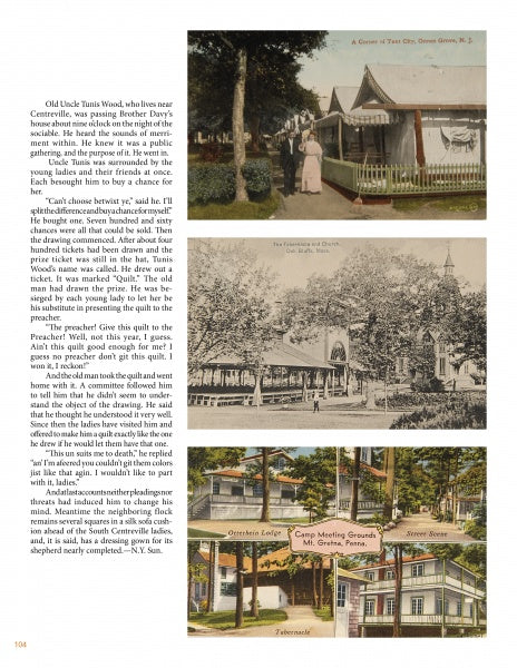 A book page from "Quiltings, Frolicks, & Bees" by Schiffer Publishing, Ltd. features three vintage postcard images of historic buildings and gathering spaces, plus text about Uncle Tunis Wood and Ocean Grove's quilting communities.