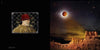 Inspired by Fran Forman’s photo-paintings, "Escape Artist" from Schiffer Publishing, Ltd. features a split image: left, a classical portrait in a red hat with golden clocks; right, a lunar eclipse above a rocky desert.
