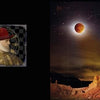 Inspired by Fran Forman’s photo-paintings, "Escape Artist" from Schiffer Publishing, Ltd. features a split image: left, a classical portrait in a red hat with golden clocks; right, a lunar eclipse above a rocky desert.