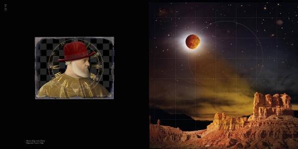 Inspired by Fran Forman’s photo-paintings, "Escape Artist" from Schiffer Publishing, Ltd. features a split image: left, a classical portrait in a red hat with golden clocks; right, a lunar eclipse above a rocky desert.