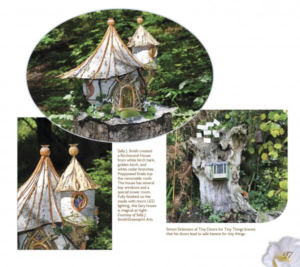 Schiffer Publishing, Ltd.'s Fairy Homes and Gardens features two enchanting fairy houses: one with a shingled roof on a tree stump, the other nestled in a tree trunk with tiny notes by the door—ideal for creating magical displays.
