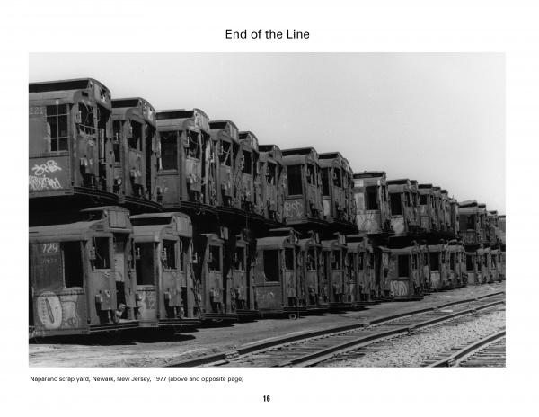 Black and white photo of old subway cars stacked in a scrapyard, evoking vintage graffiti art. Inspired by New York Subway Graffiti from Schiffer Publishing, Ltd. Railway tracks run in the foreground, recalling an iconic urban era.