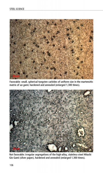 Two microscope images of steel samples from "Japanese Knife Sharpening" by Schiffer Publishing, Ltd.: the top shows small, round carbides; the bottom shows irregular clusters. Captions explain steel type and treatment, key to knife performance.