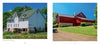 Barns, Farms, and Rolling Hills of Chester County by Schiffer Publishing, Ltd. features side-by-side photos: a weathered white barn with a green roof, and a vivid red barn on a stone foundation beneath a clear blue sky.