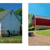 Barns, Farms, and Rolling Hills of Chester County by Schiffer Publishing, Ltd. features side-by-side photos: a weathered white barn with a green roof, and a vivid red barn on a stone foundation beneath a clear blue sky.