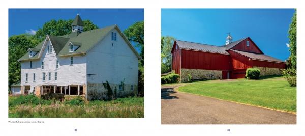Barns, Farms, and Rolling Hills of Chester County by Schiffer Publishing, Ltd. features side-by-side photos: a weathered white barn with a green roof, and a vivid red barn on a stone foundation beneath a clear blue sky.