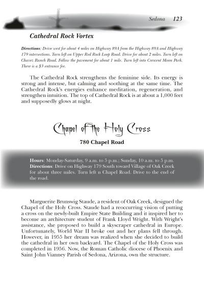 A page from Arizona's Haunted Hotspots by Schiffer Publishing, Ltd. details Cathedral Rock Vortex and Chapel of the Holy Cross in Sedona with directions, hours, descriptions, and historical facts tied to paranormal investigations.