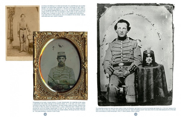 Rally Round the Flag—Uniforms of the Union Volunteers of 1861 by Schiffer Publishing, Ltd. showcases vintage black-and-white photos of New England Union volunteers in Civil War uniforms, including ornate framed images and officers with medals and hats.