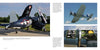 A navy blue F4U Corsair WWII aircraft with white and red markings is parked on grass; inset photos show the Schiffer Publishing, Ltd. Corsair Legends of Warfare edition in flight and a close-up of its engine with open panels.