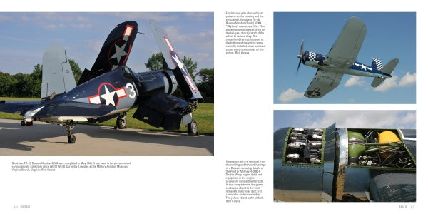 A navy blue F4U Corsair WWII aircraft with white and red markings is parked on grass; inset photos show the Schiffer Publishing, Ltd. Corsair Legends of Warfare edition in flight and a close-up of its engine with open panels.