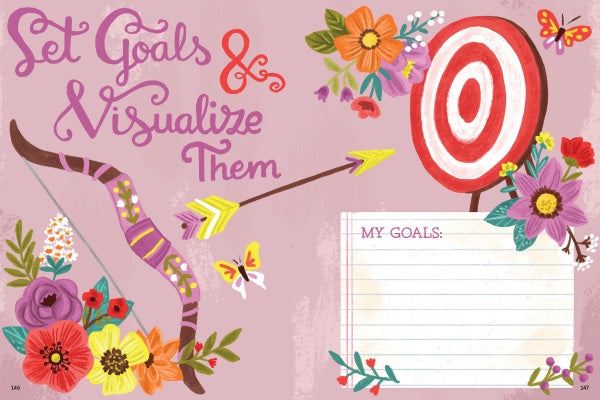 The Better Day Book by Schiffer Publishing, Ltd. features an illustration with “Set Goals & Visualize Them”—a bow and arrow aiming at a target, flowers, butterflies, and a lined “My Goals” box for mindful goal setting.