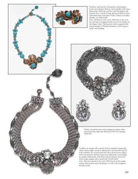 A page showcasing four costume jewelry pieces inspired by Miriam Haskell Jewelry, from Schiffer Publishing, Ltd.: a blue bead necklace with matching ring, plus two ornate silver-toned necklace and earring sets with crystal or bead accents.