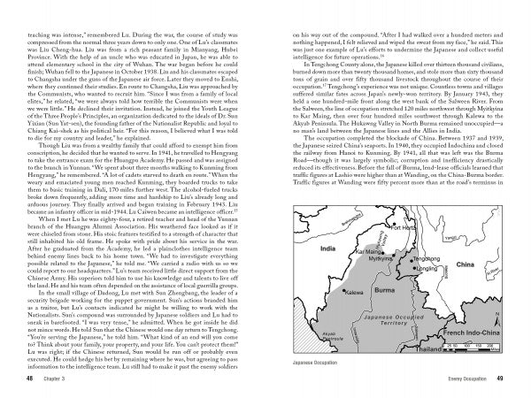 Two pages from "Famine, Sword, and Fire" by Schiffer Publishing, Ltd., feature text on WWII events in Asia, highlighting the Salween River battle, and a black-and-white map of India, Burma, and China with troop movements and occupied territories.