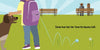 A child with a purple backpack stands next to a brown dog in the park, watching a bouncy ball bounce away. Two people sit on benches nearby. Text reads: “‘The Missing Bouncy Ball’ by Schiffer Publishing, Ltd.—a toddler mystery book.”.