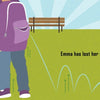 A child with a purple backpack stands next to a brown dog in the park, watching a bouncy ball bounce away. Two people sit on benches nearby. Text reads: “‘The Missing Bouncy Ball’ by Schiffer Publishing, Ltd.—a toddler mystery book.”.