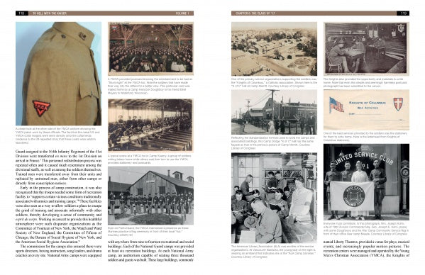 A two-page spread from "To Hell with the Kaiser, Vol. I" by Schiffer Publishing, Ltd. features vintage WWI Army photos—Doughboys, gatherings, military sites, and clubs—with detailed historical text and captions.