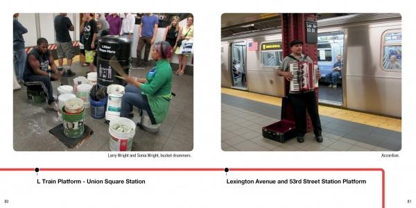 Subway Beats by Schiffer Publishing, Ltd. captures vibrant moments: a man drumming on buckets at Union Square as a woman watches, and an accordion player beside a subway train—celebrating the spirit of NYC’s subway performers.