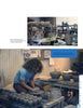 Two photos from "Santa Barbara Ceramic Design" by Schiffer Publishing, Ltd.: The top shows shelves of studio pottery and a person at work, while the bottom features a man shaping clay on a wheel amid tools and finished ceramics.