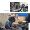 Two photos from "Santa Barbara Ceramic Design" by Schiffer Publishing, Ltd.: The top shows shelves of studio pottery and a person at work, while the bottom features a man shaping clay on a wheel amid tools and finished ceramics.
