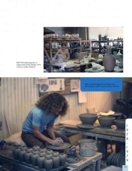 Two photos from "Santa Barbara Ceramic Design" by Schiffer Publishing, Ltd.: The top shows shelves of studio pottery and a person at work, while the bottom features a man shaping clay on a wheel amid tools and finished ceramics.