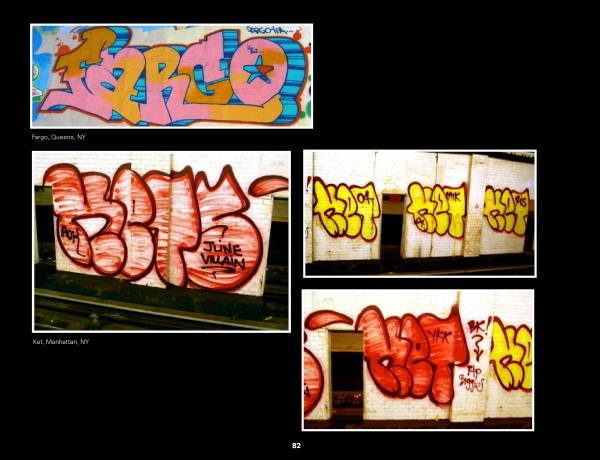 A collage from "Fresh Paint" by Schiffer Publishing, Ltd.: Four subway graffiti images—top left has vibrant, stylized letters "Farto"; the others show bold red and yellow NYC tags, mainly "Bik," on white tiled walls.