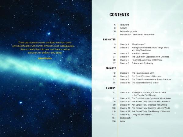 The Three Principles of Oneness by Schiffer Publishing, Ltd. features a table of contents beside a cosmic background with an Einstein quote. Chapters—Enlighten, Educate, and Embody—reflect science-based spirituality and a cosmic perspective.