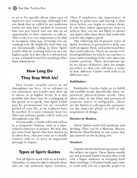 A page from Contact Your Spirit Guides explores channeling Spirit Guides, their types, how long they stay with us, and their roles as pathfinders, doctors, or teachers.